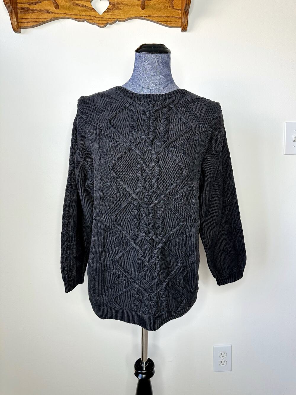 Anne Klein Vintage 90s Charcoal Gray Cotton Cable Knit Sweater Size Medium